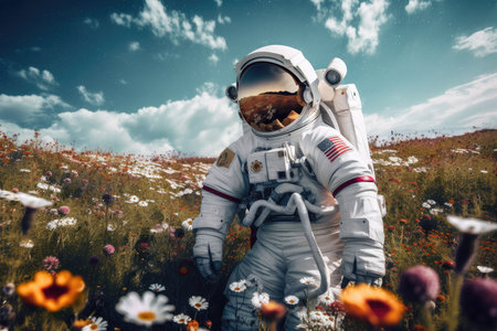 astronaut, floating among serene and peaceful field of flowers, with distant view of the earth visible in the background, created with generative aiの素材