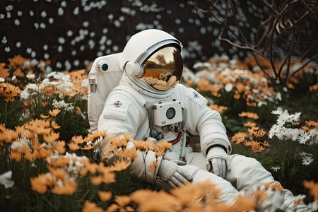 astronaut, floating among blooming flowers in futuristic botanical garden, created with generative aiの素材