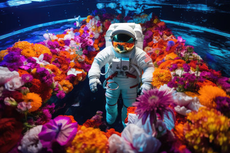 astronaut on floating platform, surrounded by colorful flowers, created with generative aiの素材