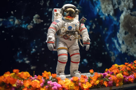 astronaut on floating platform, surrounded by colorful flowers, created with generative aiの素材