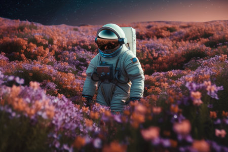 astronaut, surrounded by breathtaking views of the earth from space, with flower field in the foreground, created with generative aiの素材
