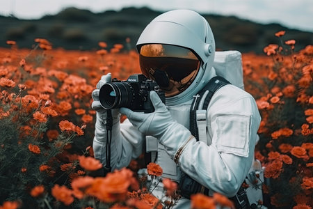 astronaut, with camera in hand, capturing the beauty of vibrant flower field from the sky, created with generative aiの素材