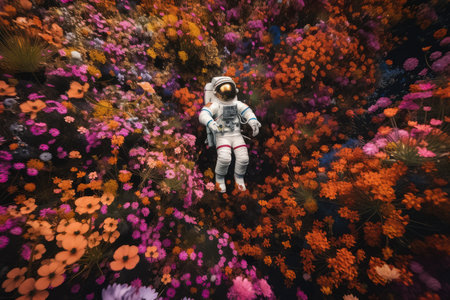 high-altitude view of astronaut floating over sea of blooming flowers, created with generative aiの素材