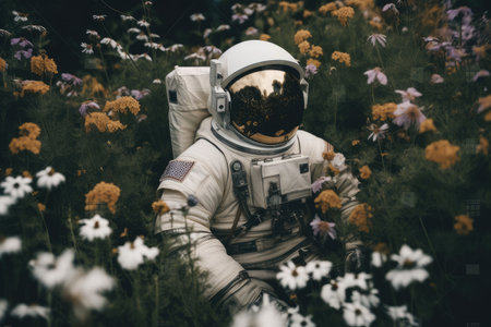 astronaut, floating among the flowers in serene and peaceful setting, created with generative aiの素材