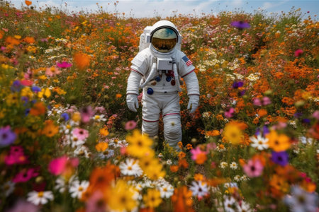 astronaut in flower field, surrounded by blooming flowers of many colors and varieties, created with generative aiの素材