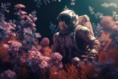 astronaut, surrounded by blooming flowers, on mysterious and distant planet, created with generative aiの素材