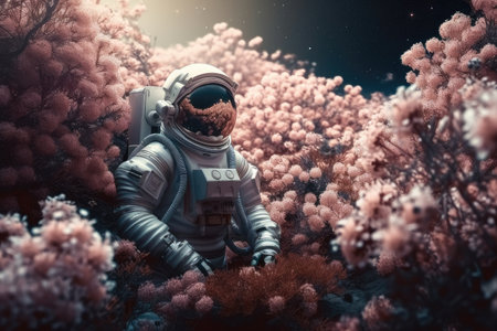 astronaut, surrounded by blooming flowers, on mysterious and distant planet, created with generative ai