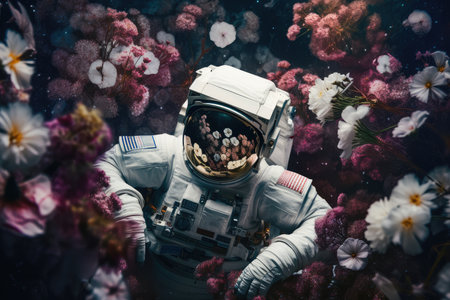 astronaut floating among blooming flowers, with the distant earth visible in the background, created with generative aiの素材