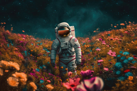 astronaut, floating weightlessly among fields of colorful flowers, with planet in the background, created with generative aiの素材