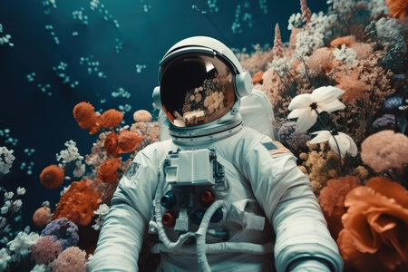 astronaut, floating among vibrant flowers and greenery, against the backdrop of the sky, created with generative aiの素材