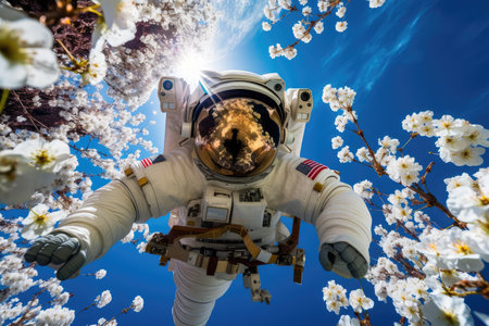 astronaut floating among blooming flowers, with blue sky in the background, created with generative aiの素材