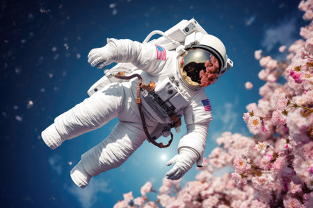 astronaut floating among blooming flowers, with blue sky in the background, created with generative aiの素材
