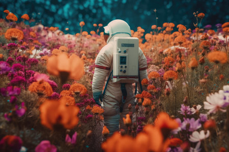 astronaut, surrounded by fields of colorful flowers, on a journey to new and unknown worlds, created with generative aiの素材