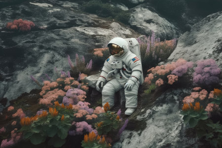 astronaut sitting on rock, surrounded by flowers and greenery, created with generative aiの素材