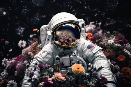 astronaut, floating among blooming flowers, with view of the distant horizon, created with generative aiの素材