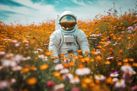 astronaut, floating among fields of colorful flowers, on journey to unknown destination, created with generative aiの素材