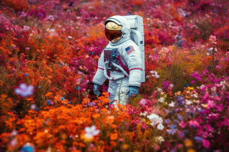 astronaut, floating among fields of colorful flowers, on journey to unknown destination, created with generative aiの素材