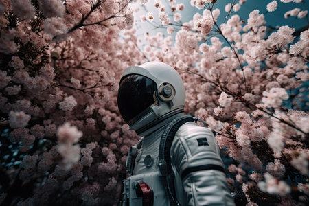 astronaut, floating among blossoming flowers and looking down at the peaceful scene, created with generative aiの素材