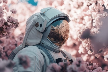 astronaut, floating among blossoming flowers and looking down at the peaceful scene, created with generative aiの素材