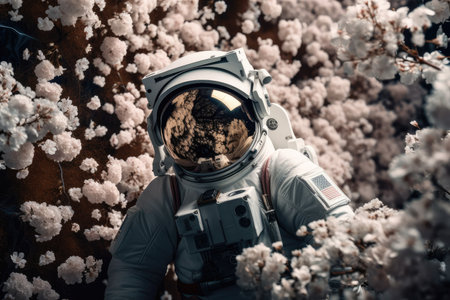 astronaut, floating among blossoming flowers and looking down at the peaceful scene, created with generative aiの素材