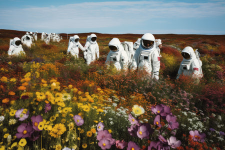 group of astronauts in flower field, with each person photographing their own unique view, created with generative aiの素材
