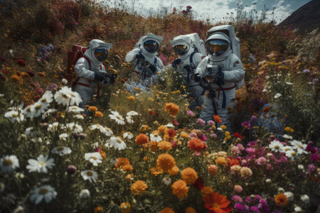 group of astronauts in flower field, with each person photographing their own unique view, created with generative aiの素材