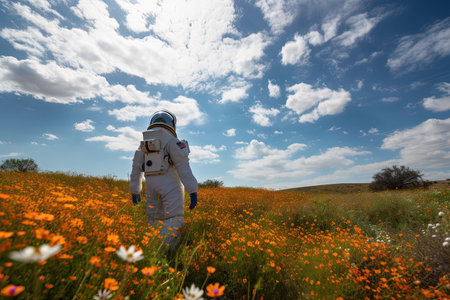 space traveler standing among field of wildflowers, with blue sky and clouds in the background, created with generative aiの素材
