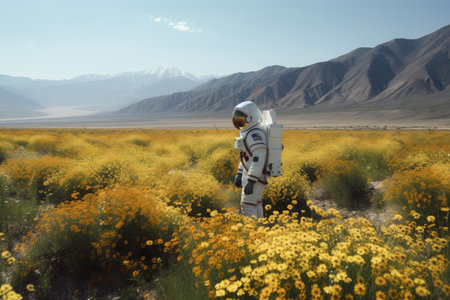 astronaut, floating among fields of wildflowers, in view of distant mountain range, created with generative aiの素材