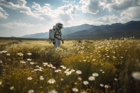 astronaut, floating among fields of wildflowers, in view of distant mountain range, created with generative aiの素材