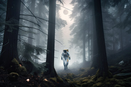 astronaut exploring a mysterious forest, with towering trees and misty surroundings, created with generative aiの素材