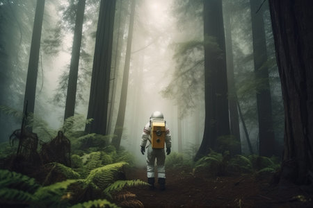 astronaut exploring a mysterious forest, with towering trees and misty surroundings, created with generative aiの素材
