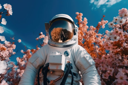 astronaut, surrounded by colorful blooms of a flower field, against the backdrop of the blue sky, created with generative aiの素材