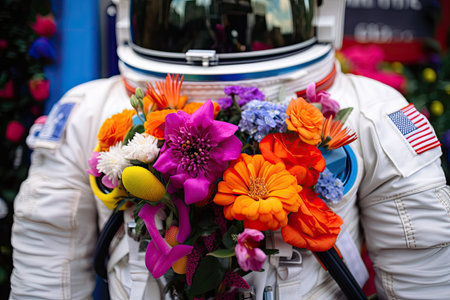 close-up of astronauts spacesuit with colorful flowers in the background, created with generative aiの素材
