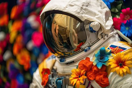 close-up of astronauts spacesuit with colorful flowers in the background, created with generative aiの素材