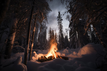campfire blazing with flames reaching high into the sky, surrounded by snow-covered trees, created with generative aiの素材