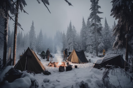 snowy forest with campfire and tents in the distance, created with generative aiの素材
