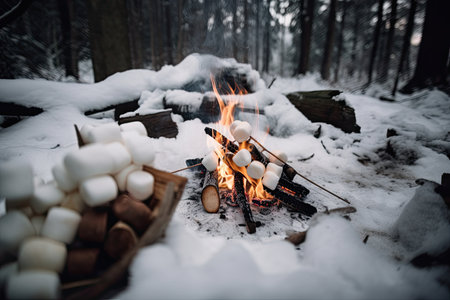 campfire burning in snowy forest with wooden stick and marshmallows on the sticks, created with generative aiの素材