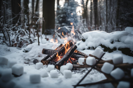 campfire burning in snowy forest with wooden stick and marshmallows on the sticks, created with generative aiの素材