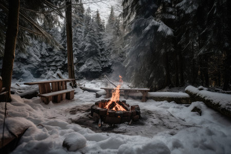 a cozy campfire surrounded by snow-covered trees in a forest, created with generative aiの素材