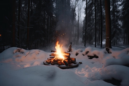 a cozy fire in the midst of a snowy forest, warming up the silence, created with generative aiの素材