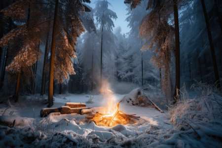 campfire surrounded by forest of frosted trees, with winter wonderland in the background, created with generative aiの素材
