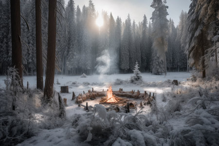 campfire surrounded by forest of frosted trees, with winter wonderland in the background, created with generative aiの素材