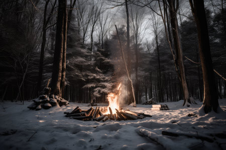 campfire surrounded by shadows of towering trees, with snowflakes drifting down, created with generative aiの素材