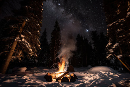 campfire surrounded by silhouettes of tall pine trees, with snowflakes falling on the scene, created with generative aiの素材