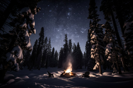 campfire surrounded by silhouettes of tall pine trees, with snowflakes falling on the scene, created with generative aiの素材