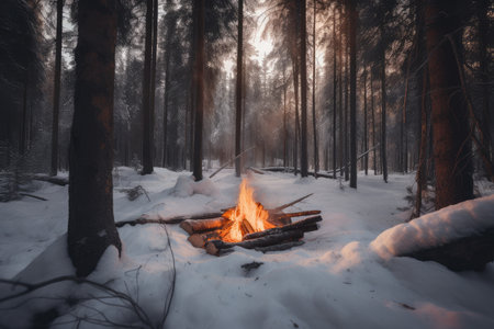 campfire surrounded by serene and peaceful winter forest, perfect setting for a scene in film or book, created with generative aiの素材