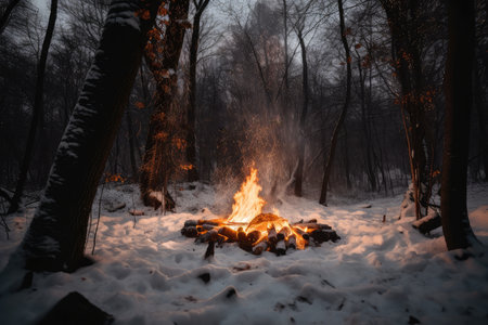 campfire crackling, with flames dancing and sparks flying, in snowy forest, created with generative aiの素材