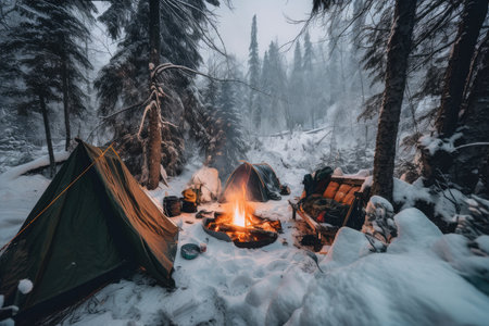 campfire surrounded by tents and sleeping bags in snowy forest, created with generative aiの素材