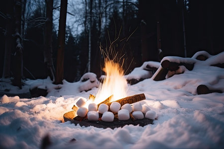 campfire glowing warmly in the snowy forest, with marshmallows ready to be roasted, created with generative aiの素材