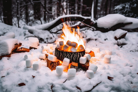 campfire glowing warmly in the snowy forest, with marshmallows ready to be roasted, created with generative aiの素材